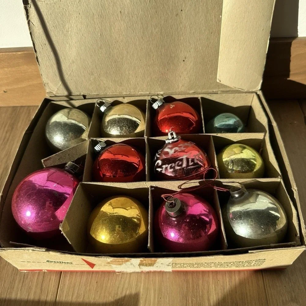 Vintage Shiny Brite Christmas Ornament Box Of 11 Made In USA In Lumi-Lites Box
